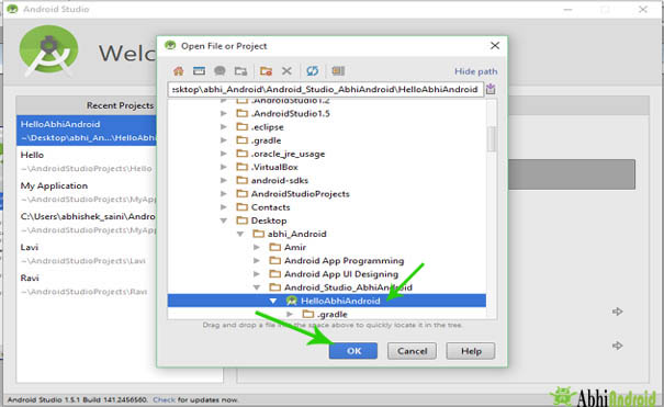 Select the file location in android studio