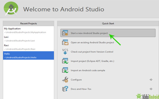 start a new project in android studio