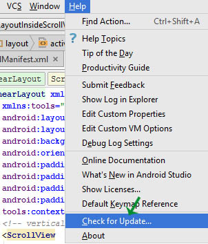 help check for update android studio