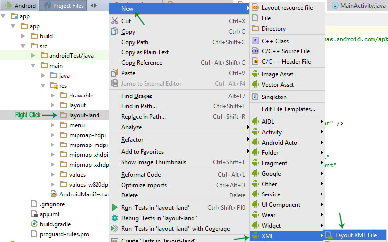 layout xml file in layout land folder android studio