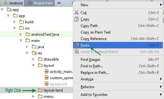 paste layout in layout-land android studio