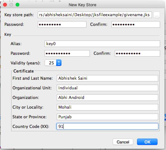 New Key Store path signed apk details android studio